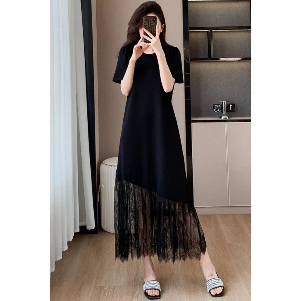 French Luxury Lace Patchwork Short Sleeve Black Maxi Dress Elegant Slimming